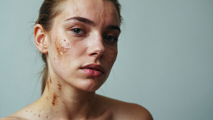 The raw portrayal of a young woman's face affected by a dermatological condition