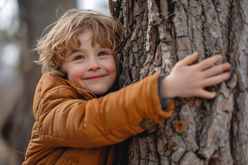 Little smiling boy hugs a tree, concept of unity with nature