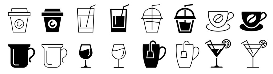 Drink icon set. Coffee, tea, Cocktail, ,water, wine and more. Vector illustration - obrazy, fototapety, plakaty