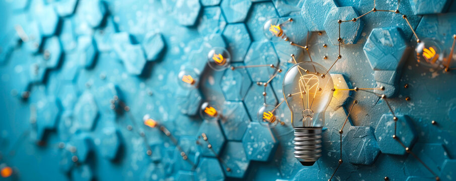 Conceptual image of a lone light bulb connected to multiple white hexagonal shapes symbolizing innovation, network, ideas, and strategic thinking in blue tones