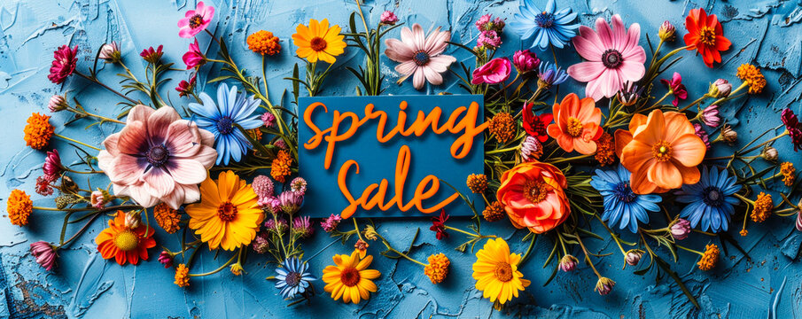 Vibrant Spring Sale promotion with bold orange text surrounded by a colorful array of spring flowers on a textured blue background, signaling seasonal discounts