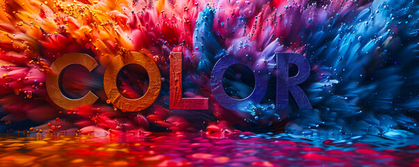 Vibrant COLOR text in bold 3D letters against a dynamic and explosive background of multicolored paint splashes, representing creativity, diversity, and artistic expression