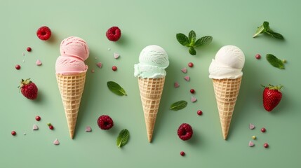 Ice cream cones. Ice cream balls in a waffle cup on green background