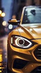 The close up Photo of sport car's headlight on wet street.