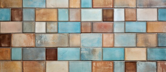 A closeup of a symmetrical and colorful glass tile wall, featuring a pattern of rectangular tiles in shades of brown and brick. An artful composite material used for flooring in a building
