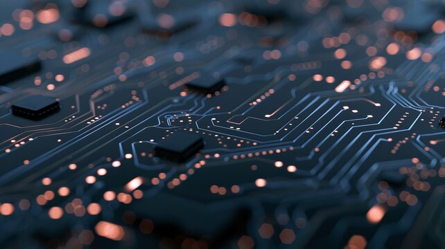 Close up of PCB with glowing microchip circuits highlighting tech precision and innovation