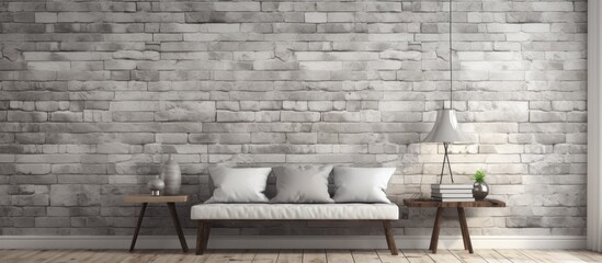 A cozy living room featuring a brick wall, with a comfortable couch as the centerpiece. The room is furnished with matching furniture and a wooden table