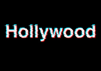 Hollywood lettering with white letters and green blue and red flickering effect. Illustration made March 13th, 2024, Zurich, Switzerland.