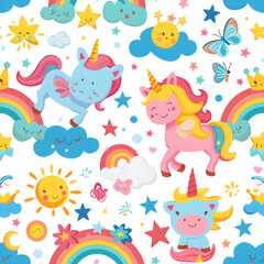 Fototapeta na wymiar seamless pattern with animals, rainbows and unicorns
