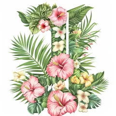 Muurstickers number 1 on a white background. Bouquet. Flowers. Postcard. Exotic tropical plants. Hibiscus © Al