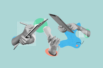 Creative collage human hands workflow office busy telephone operator project organization documents...