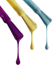 Variety of multicolored nail polish drops flowing from the brush isolated on transparent...