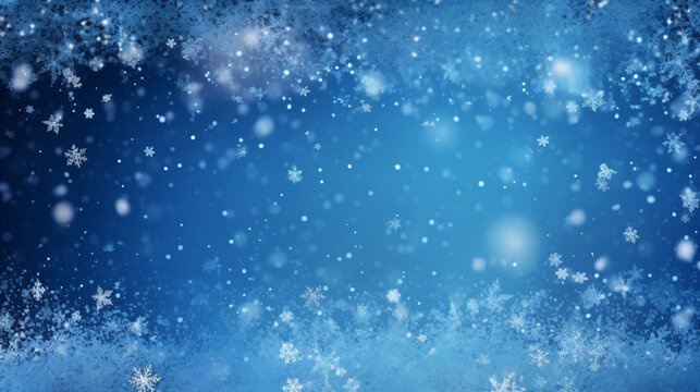 Blue winter background with snow and snowflakes