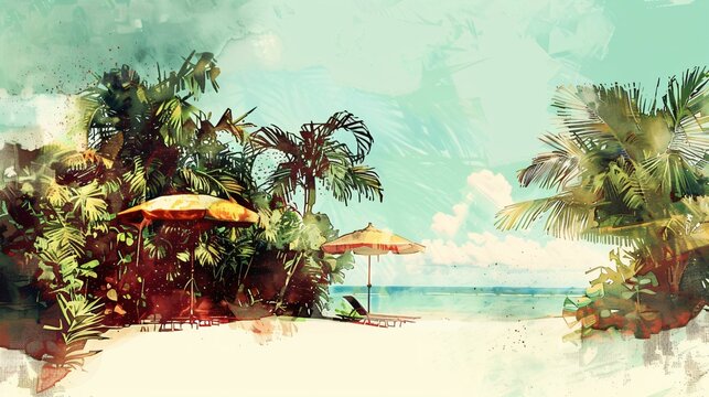 plage, été et cocktail au soleil, aquarelle sur le thème des vacances au bord de la mer, illustration ia générative
