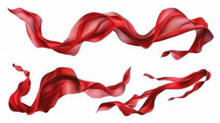 Flowing pieces of textile cloth drapery tape with folds blowing in the breeze. Abstract modern illustration set of satin fabric curtain wave in the wind.