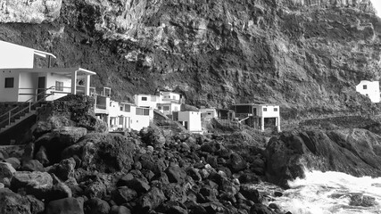 Poris de Candelaria, cave houses, rocky coast on Camino del Poris, Pirate's Cove, Tijarafe, La Palma, Canary Islands, Spain