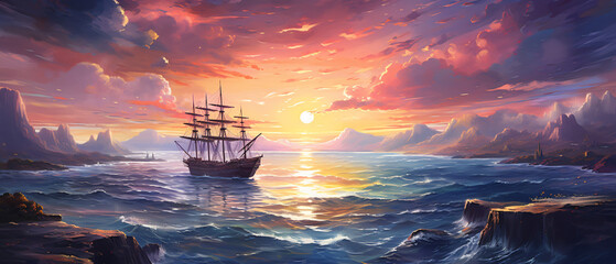 Fantasy Oil painting sunset sea landscape with ship  - obrazy, fototapety, plakaty