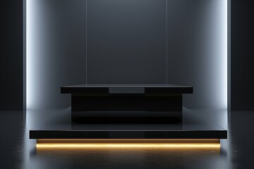 A sleek podium characterized by its dark, glossy finish