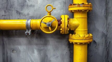 Yellow industrial pipelines and valves on a gray background. Close-up - obrazy, fototapety, plakaty