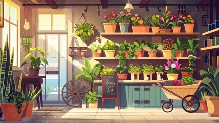 Plants in pot and vase standing on wooden racks and shelves, wheelbarrow and floor. Cartoon illustration of florist store inside with window, cashier and garland. - obrazy, fototapety, plakaty