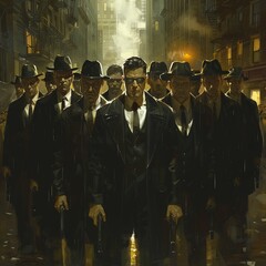 Expressionism of An Irish Mob funeral in New York with somber gang members paying their respects in classic suits.