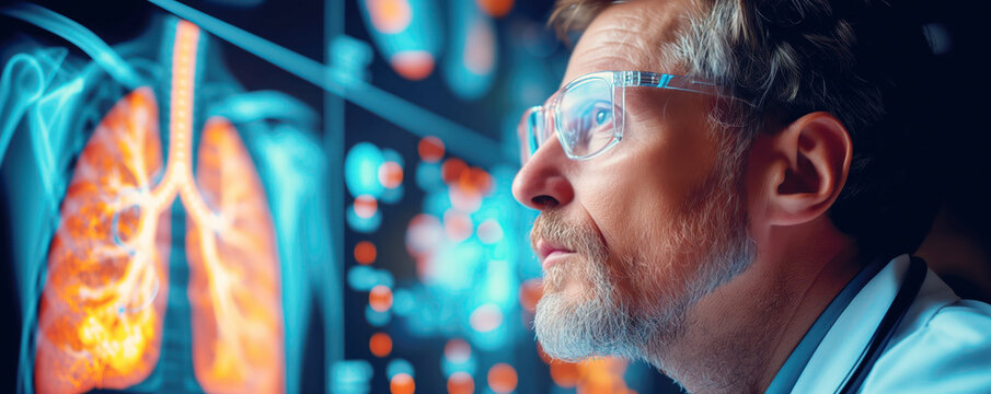 Doctor looking onto x-ray images of human lungs and studying them. Concept of planned treatment and health care.
