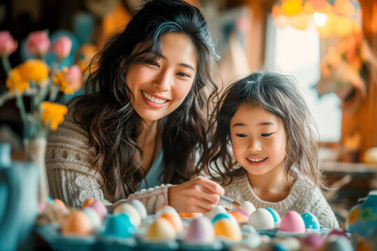 cute Asian family painting Easter eggs at home. kids and parents prepare for Easter
