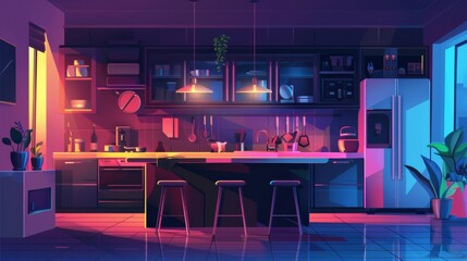 Modern home kitchen interior at night with clean modern furniture and appliances, light from hanging lamps. Cartoon modern dark evening cozy cooking room with large window.