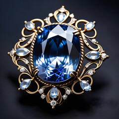 Vintage brooch with large light blue sapphire. Fine jewelry with a transparent stone