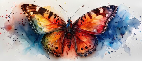 The watercolor butterfly is isolated on a white background. This colorful rainbow butterfly has spray paint on its wings. This watercolor butterfly image is perfect for use in bright watercolor