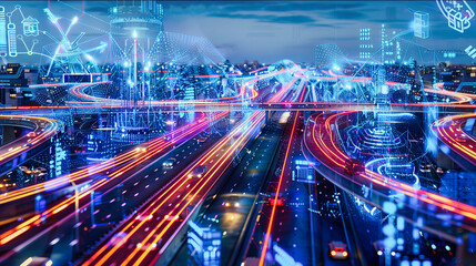 Fototapeta na wymiar Night Traffic in Urban City, High-Speed Movement and Transportation, Modern Architecture and Cityscape Illuminated by Light