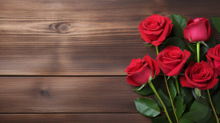 Naklejka na ściany i meble Bouquet of roses on wooden background copy space