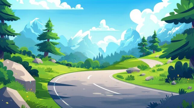 The countryside is surrounded by green trees and grass, mountains and blue skies with clouds. Cartoon summer modern landscape of a highway surrounded by forests leading to rocky hills.