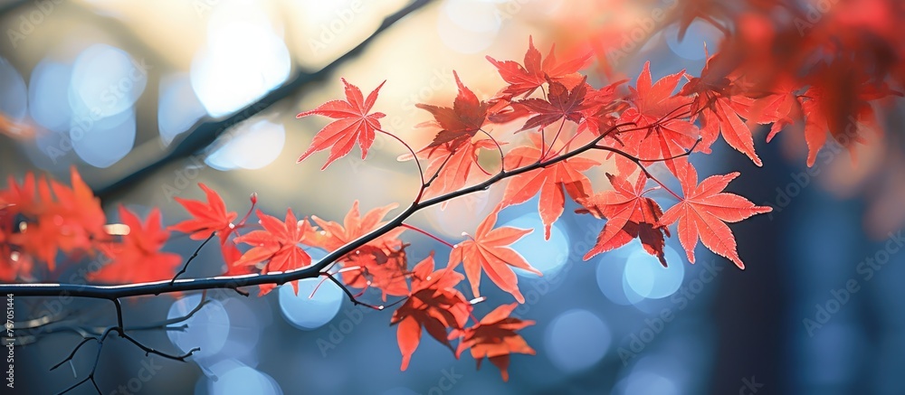 Poster a closeup shot of a maple tree branch adorned with vibrant red leaves against the backdrop of the bl