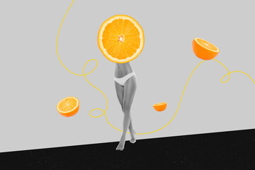 Creative abstract collage of girl instead head orange healthy food sports figure panties underwear...