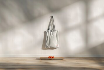 A canvas tote bag hanging on the wall, casting shadows on a white background. Web banner with copy space on the left side