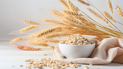 Fototapeta premium Bowl of dry oat flakes with ears of wheat on light background