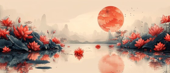 The image consists of a watercolor background with a circle sun and tropical leaves. The background includes lotus flower, ginkgo leaves, branch modern, watercolor wallpaper. The image is suitable