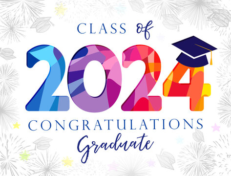 Cute graduating postcard for class of 2024 graduates. Invitation design. Educational festive background and trendy number 2 0 2 4 with academic cap, Handdrawn style elements. Creative typography.
