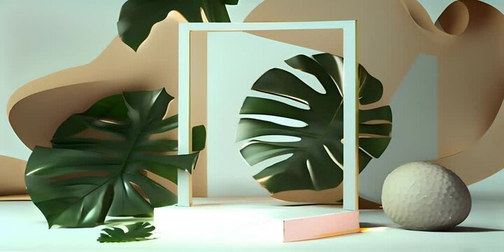 rendering. 3d Leaf Green with minimalism abstract display podium stage up Mock