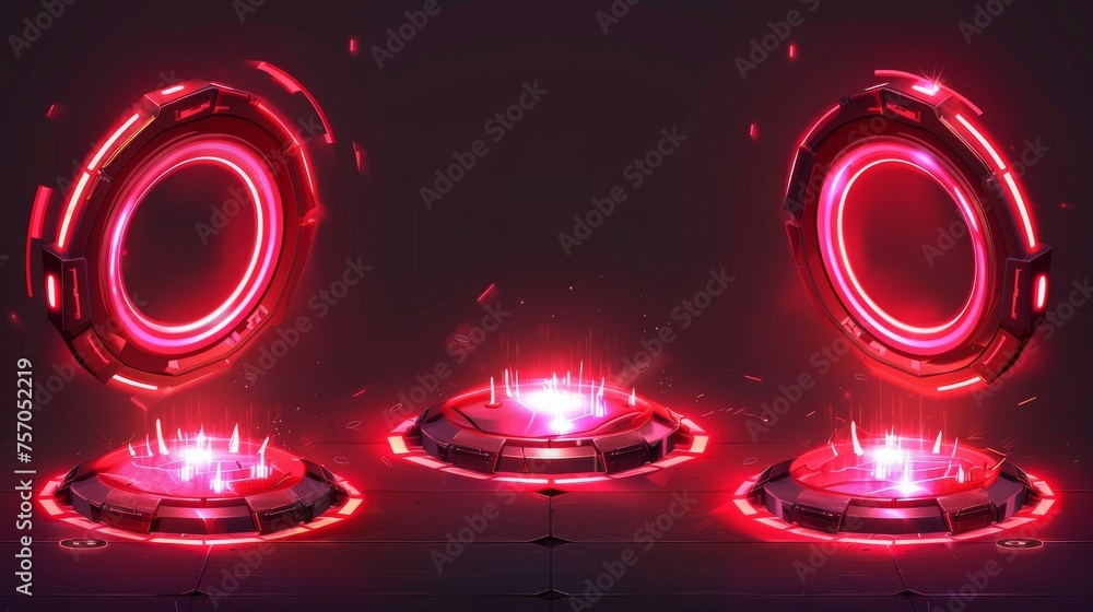 Poster the red neon game portal is a realistic modern illustration set with beams for gui concept. cyberpun