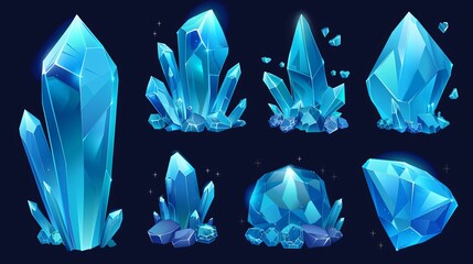 A cluster of blue crystals for a level rank design. Cartoon RPG assets of a growing pile of diamond material rocks. Modern illustration of mining treasures and jewels. - obrazy, fototapety, plakaty