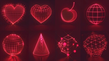A set of abstract red wireframe shapes isolated on a white background. Modern illustration of a globe with a sphere design, a cherry, a star, a cone, a conical sphere, a mesh globe, a heart, a