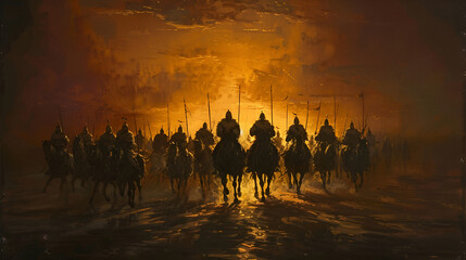 Warriors on foggy sunset background fighting in a medieval battle scene with cavalry and infantry  - obrazy, fototapety, plakaty