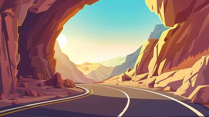Flowing serpentine road in mountains that goes out of tunnel flooded with sunlight. Cartoon summer modern landscape of asphalt highway in rocky hills. Countryside terrain with freeway.