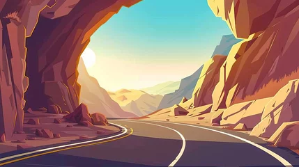 Zelfklevend Fotobehang Flowing serpentine road in mountains that goes out of tunnel flooded with sunlight. Cartoon summer modern landscape of asphalt highway in rocky hills. Countryside terrain with freeway. © Mark