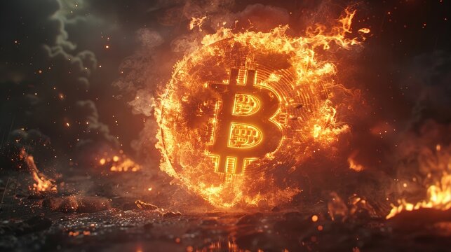 Dark shadows and eerie flickering flames dance around a symbol of bitcoin