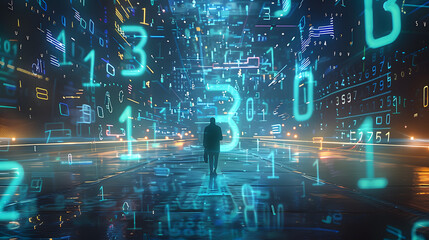 journey into the unknown, discovering and imaginary world made of numbers math numbers and symbols math genius with futuristic calculator imaging a world made of numbers - obrazy, fototapety, plakaty
