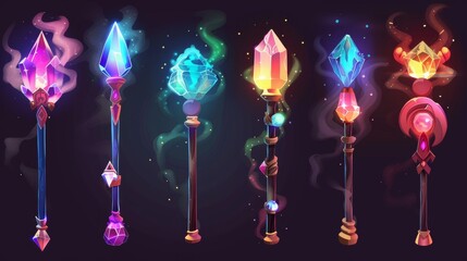 Magic scepter with glowing neon decorative gem stones and smoke. Cartoon modern illustration set of game wizard and magician powerful weapon with crystal. Sorcerer enchantment stuff. - obrazy, fototapety, plakaty