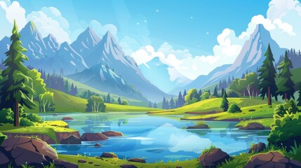 This cartoon summer landscape has a lake in a forest on a sunny day. The water is blue in a pond with green grass and trees along the shore. There are high peaks of hills and a blue sky above.